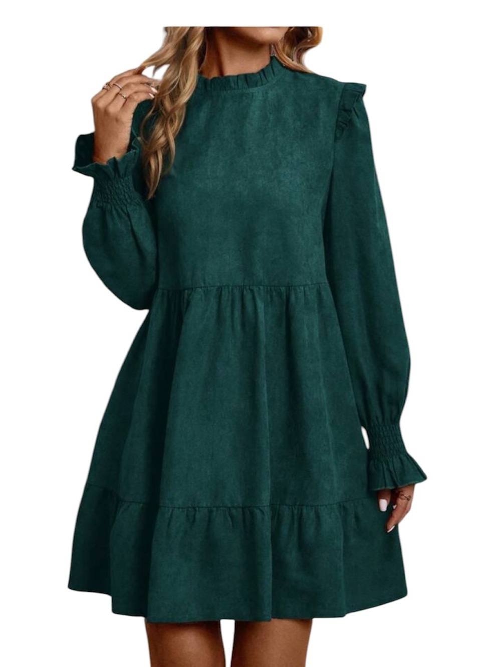 2/$15 SHEIN Emerald Teal Ruffle Mock Neck Tiered Babydoll Dress Size Small